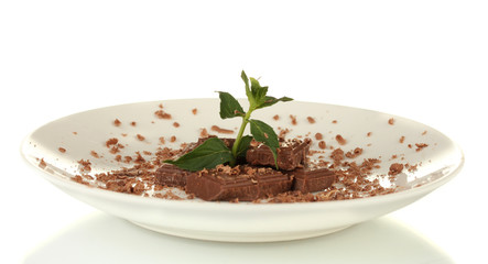 Pieces of chocolate and mint on the plate isolated on white