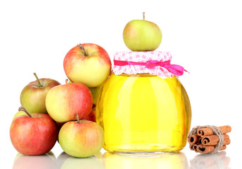 Honey and apples with cinnamon isolated on white