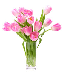 Pink tulips bouquet in vase isolated on white background