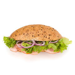 fast food baguette sandwich with lettuce, tomato, ham and chees