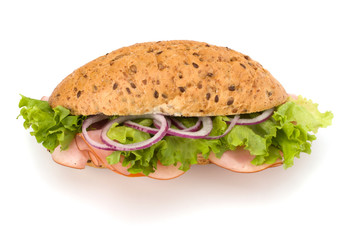 fast food baguette sandwich with lettuce, tomato, ham and chees