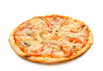 Pizza with salami, tomatoes and chicken isolated