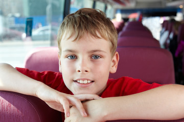 Closeup portrait of boy in bus