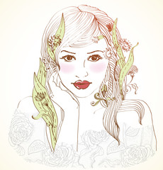Hand Drawn Beautiful woman with flowers in hair