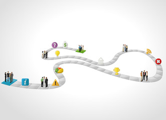 Board game with business people over path