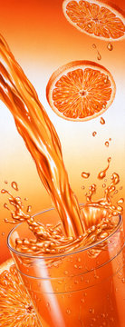 Puor of orange juice falling into a glass with splash.