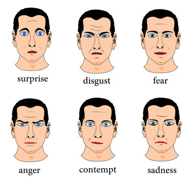 Set of six male facial expression. Surprise, disgust, fear, anger, contempt, sadness. Flat vector.