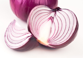 red onions, whole and cut; on white base