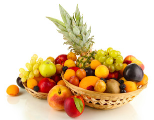 Still life of fruit in basket isolated on white