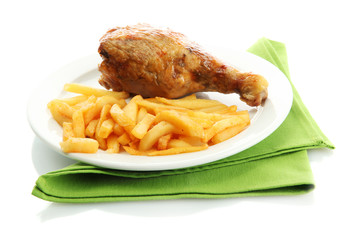 Roast chicken with french fries on plate, isolated on white