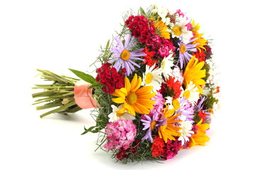 beautiful bouquet of bright  wildflowers, isolated on white