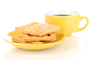 Cup of coffee and cookies isolated on white