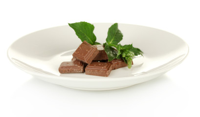 Pieces of chocolate and mint on the plate isolated on white