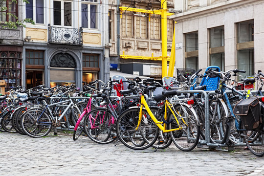 Parking of bicycles on one of streets of Ghent