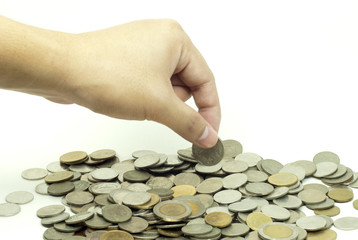 Thai coins with hand on white background