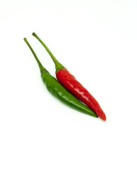 Thai green and red hot chili on white background