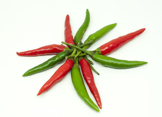 Thai green and red hot chili on white background