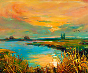 Naklejka na ściany i meble Zachód słońca nad jeziorem