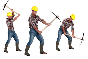 Multiple image of man with pick-ax