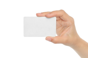 Fototapeta premium Hand holds business card on white background