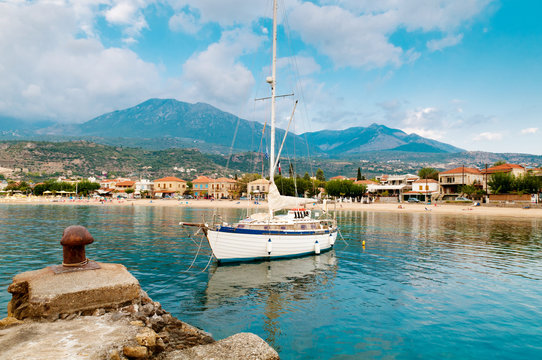 Yacht moored along Coast of Peloponnese Peninsula in Greece