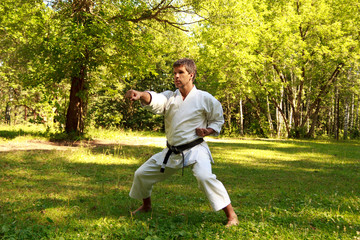 The man practicing karate in the park