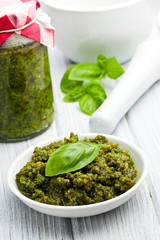 basil pesto in ceramic bowl