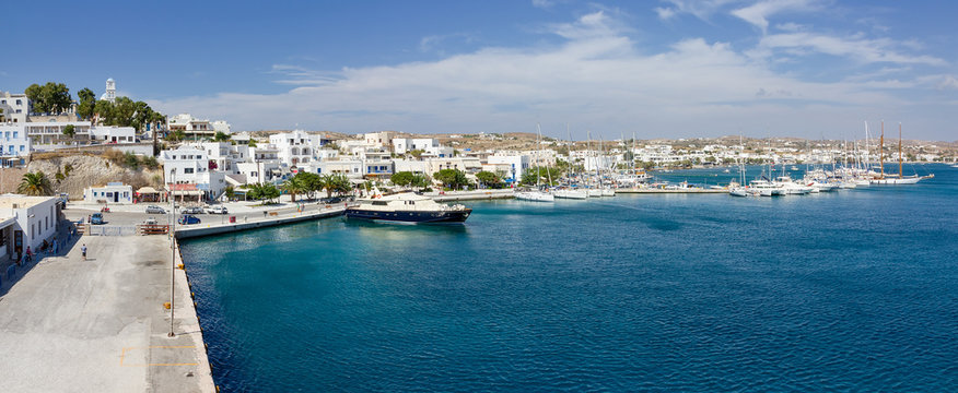 Panorama of Adamantas port, Milos island, Cyclades, Greece