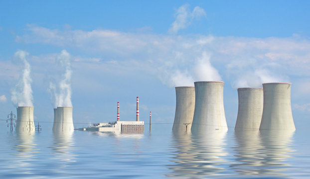Flooded nuclear power plant. Ecological catastrophe concept.