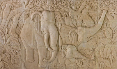 Elephant carved temple door in the countries of Thailand