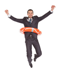 Young businessman with life buoy