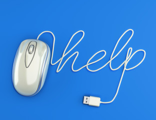 Computer help, white mouse with the cable spelling help