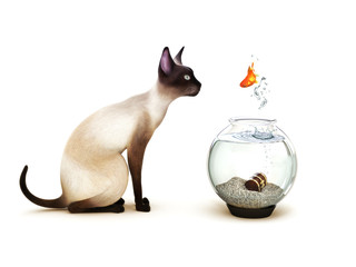 Fish jumping out of a fish bowl in front of a cat.