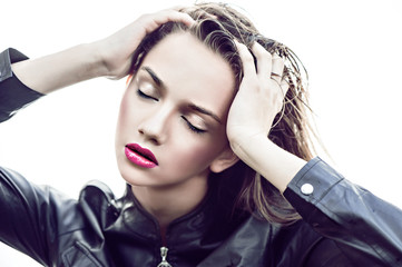 Fototapeta premium Beautiful women wet face red lips drop water