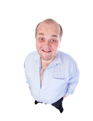 Happy Fat Man in a Blue Shirt, wide-angle top view