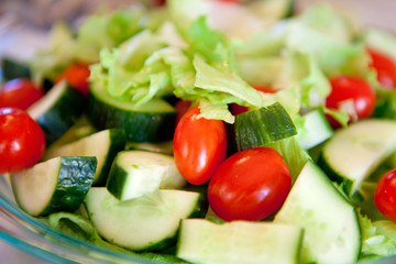Green vegetable salad with cucumbers and tomatoes.