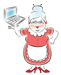 Иллюстрация пожилой женщины, которая держит в руке ноутбук.