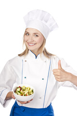 Chef holding a healthy diet. Studio white background
