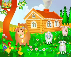 Poster Ferme maison vache cochon oiseaux et moutons