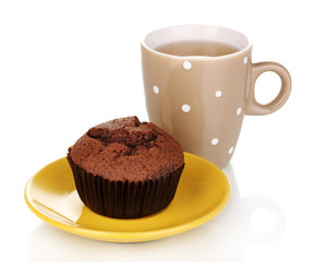 Fresh muffin with tea isolated on white