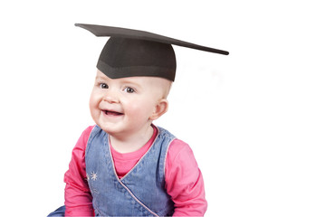 Baby girl wearing a mortar board hat as a metaphor for education