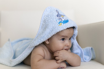 Beautiful and cute baby boy is looking under blanket