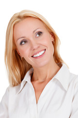 woman in cheerful mood smiling