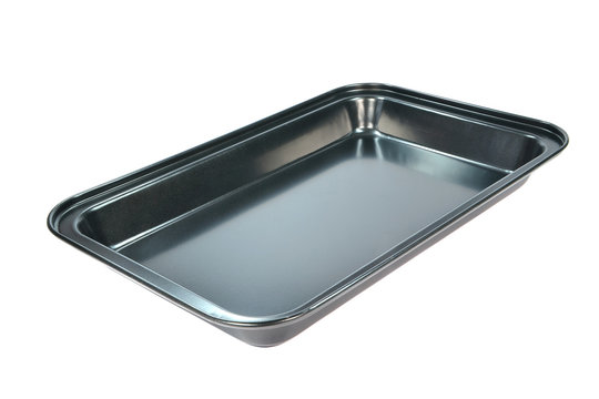 An clean empty baking tray on a white background
