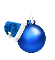 Blaue Weihnachtskugel mit Nikolausmütze