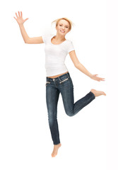 jumping woman in blank white t-shirt