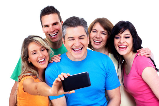 Group of happy people with a smartphone.