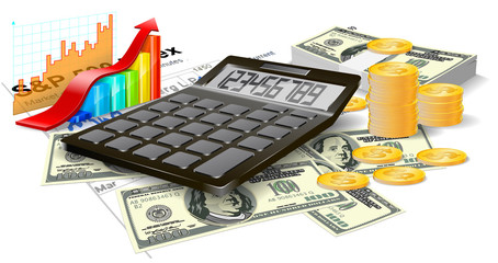 Calculator, bills and coins.