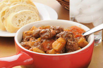 Beef stew in a serving crock