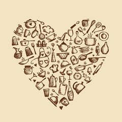 I love cooking! Kitchen utensils sketch, heart shape